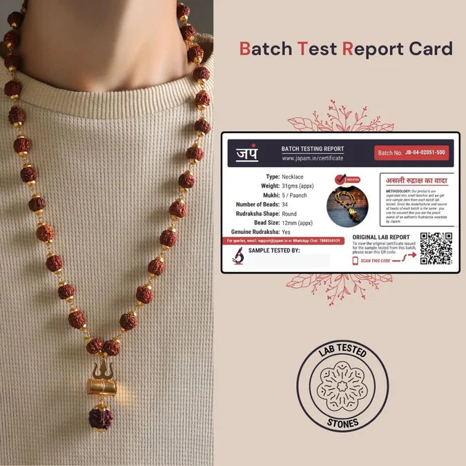 5 Mukhi Rudraksha Mala with Trishul Damru Pendant – Divine & Authentic