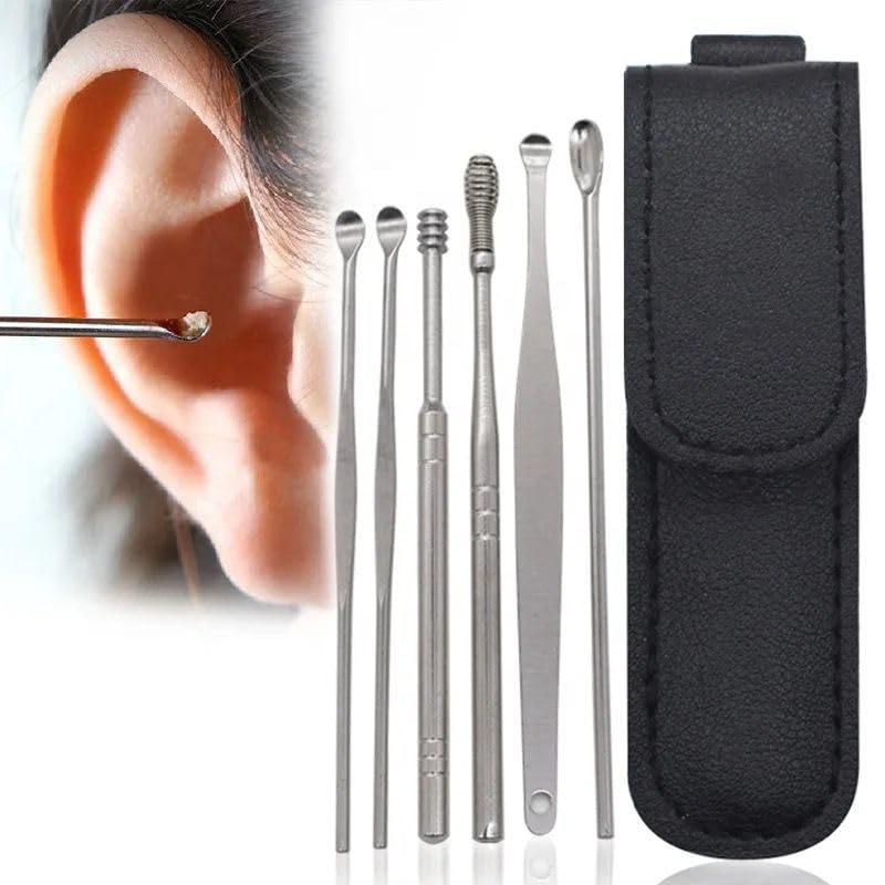 6-Piece Stainless Steel Ear Wax Removal Tool Set with Leather Storage Case