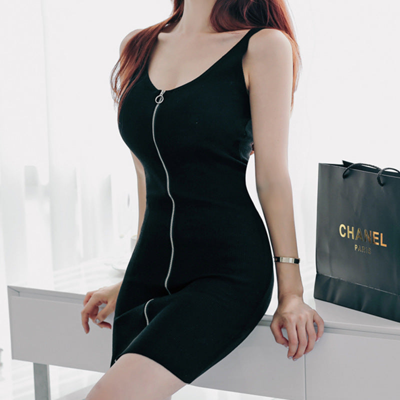 2018女装连衣裙韩版无袖U领拉链纯色性感修身春夏背心紧身裙跨境