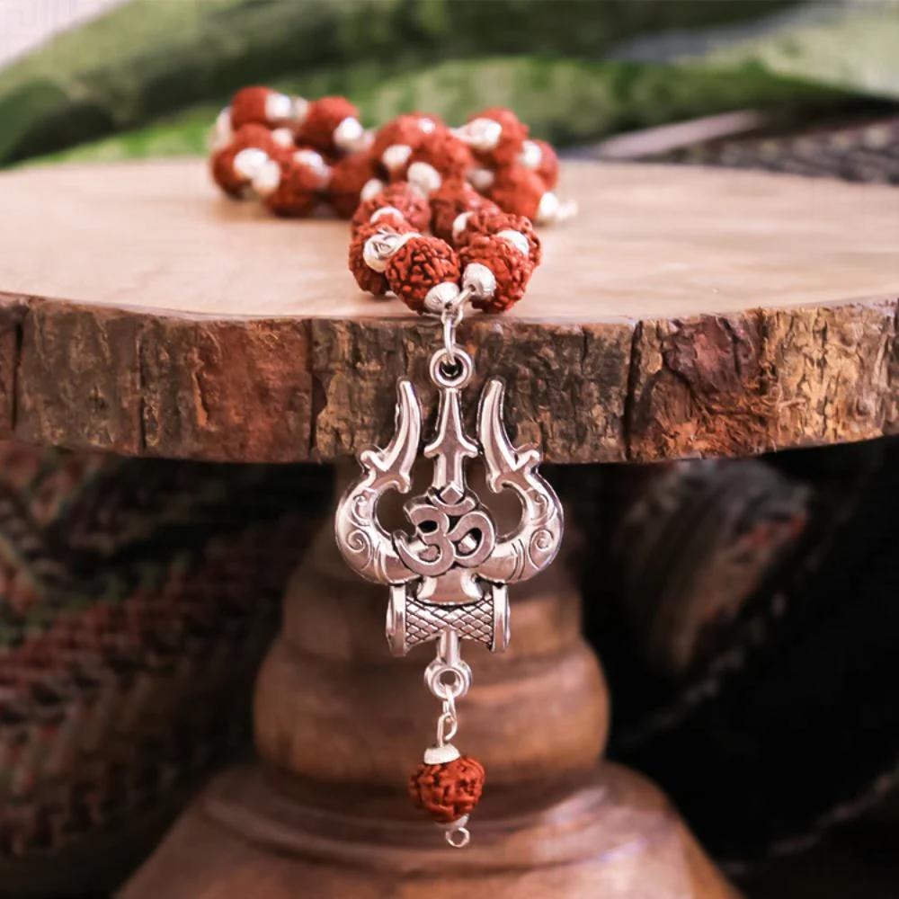 Rudraksha Mala with Trishul Damru Om Pendant – Spiritual Protection & Energy Balance