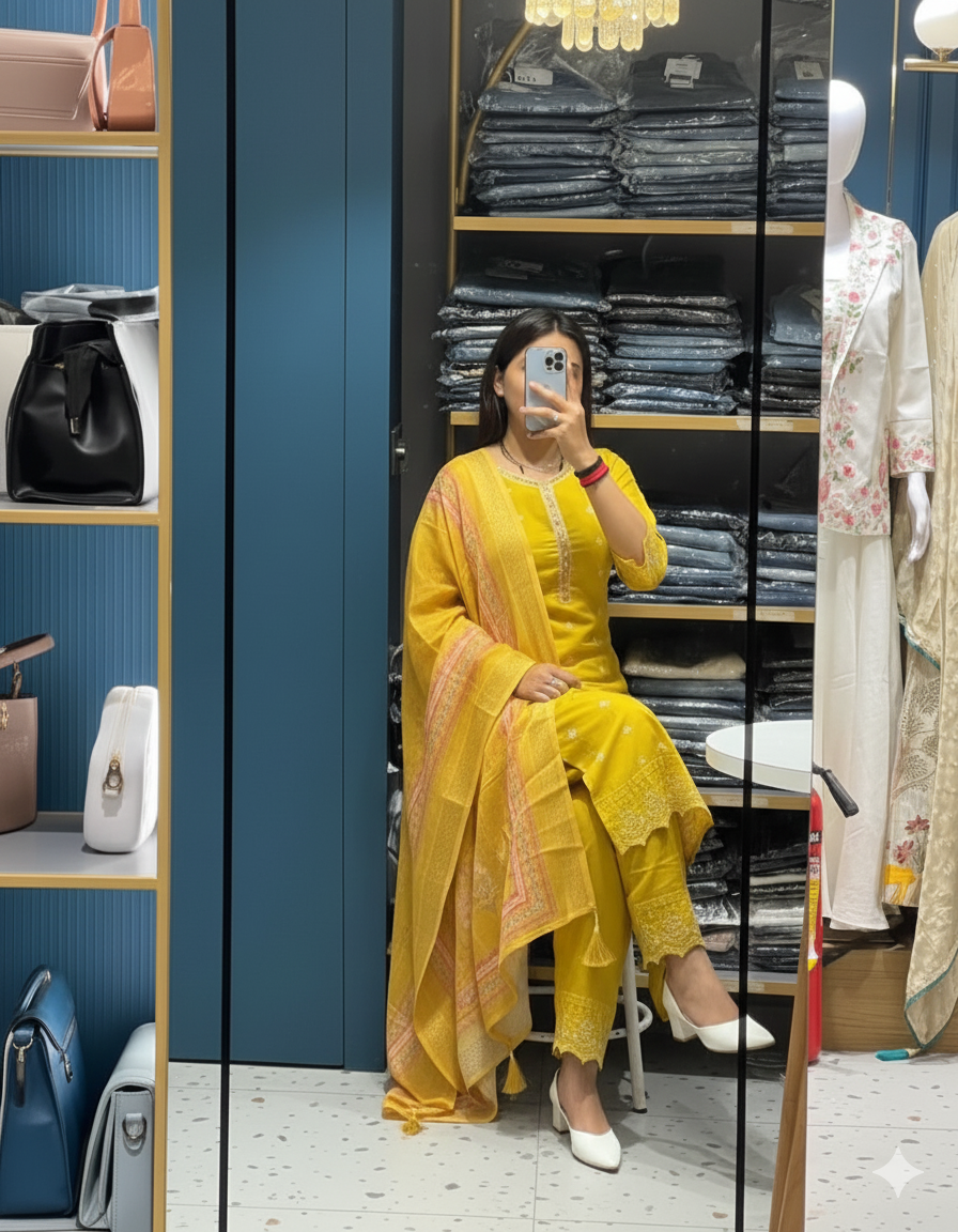 Women’s Mustard Yellow Embroidered Cotton Suit Set with Printed Dupatta – Festive Ethnic Elegance