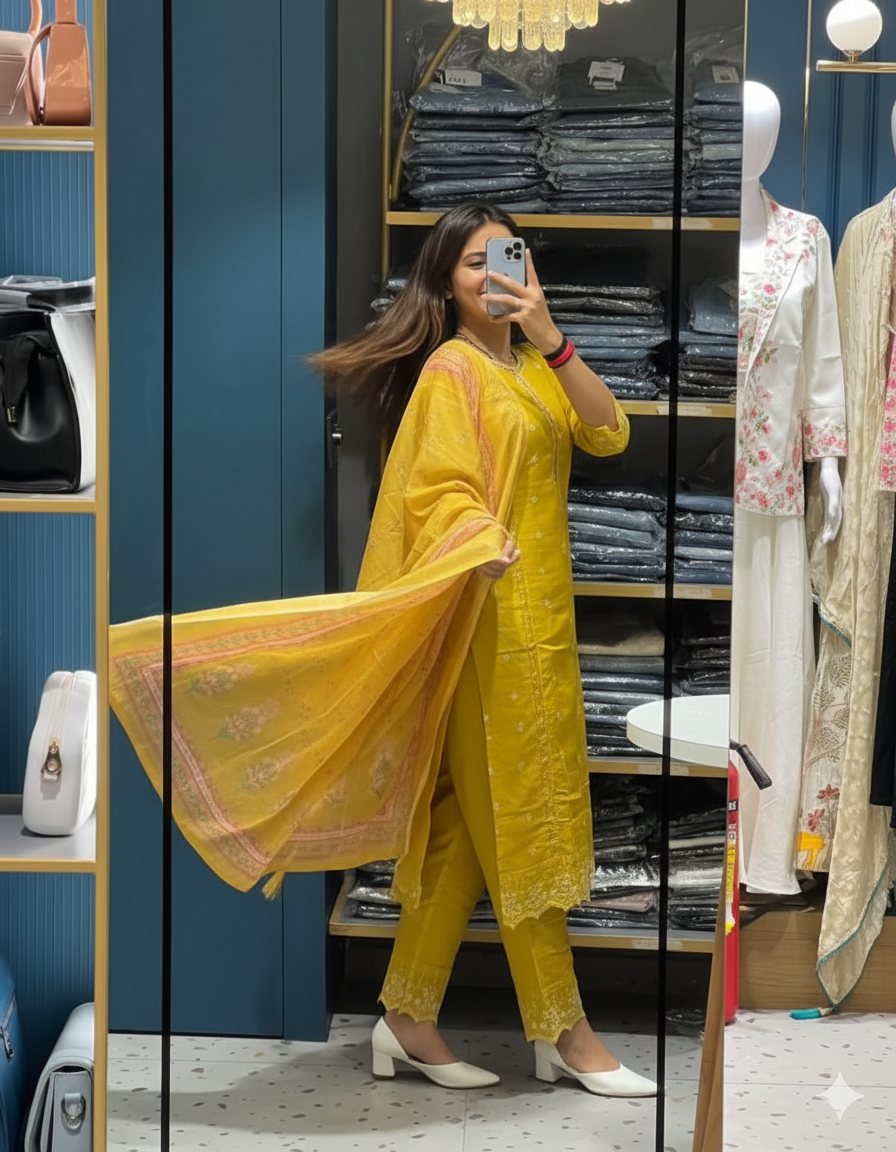 Women’s Mustard Yellow Embroidered Cotton Suit Set with Printed Dupatta – Festive Ethnic Elegance