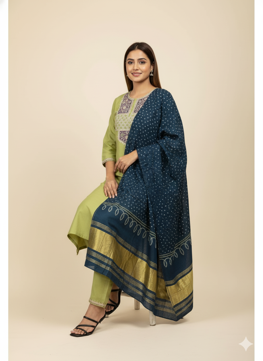 Lime Green Embroidered Cotton Suit with Blue Banarasi Dupatta
