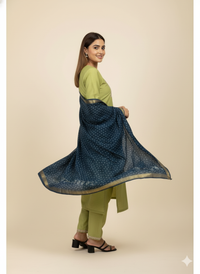 Lime Green Embroidered Cotton Suit with Blue Banarasi Dupatta