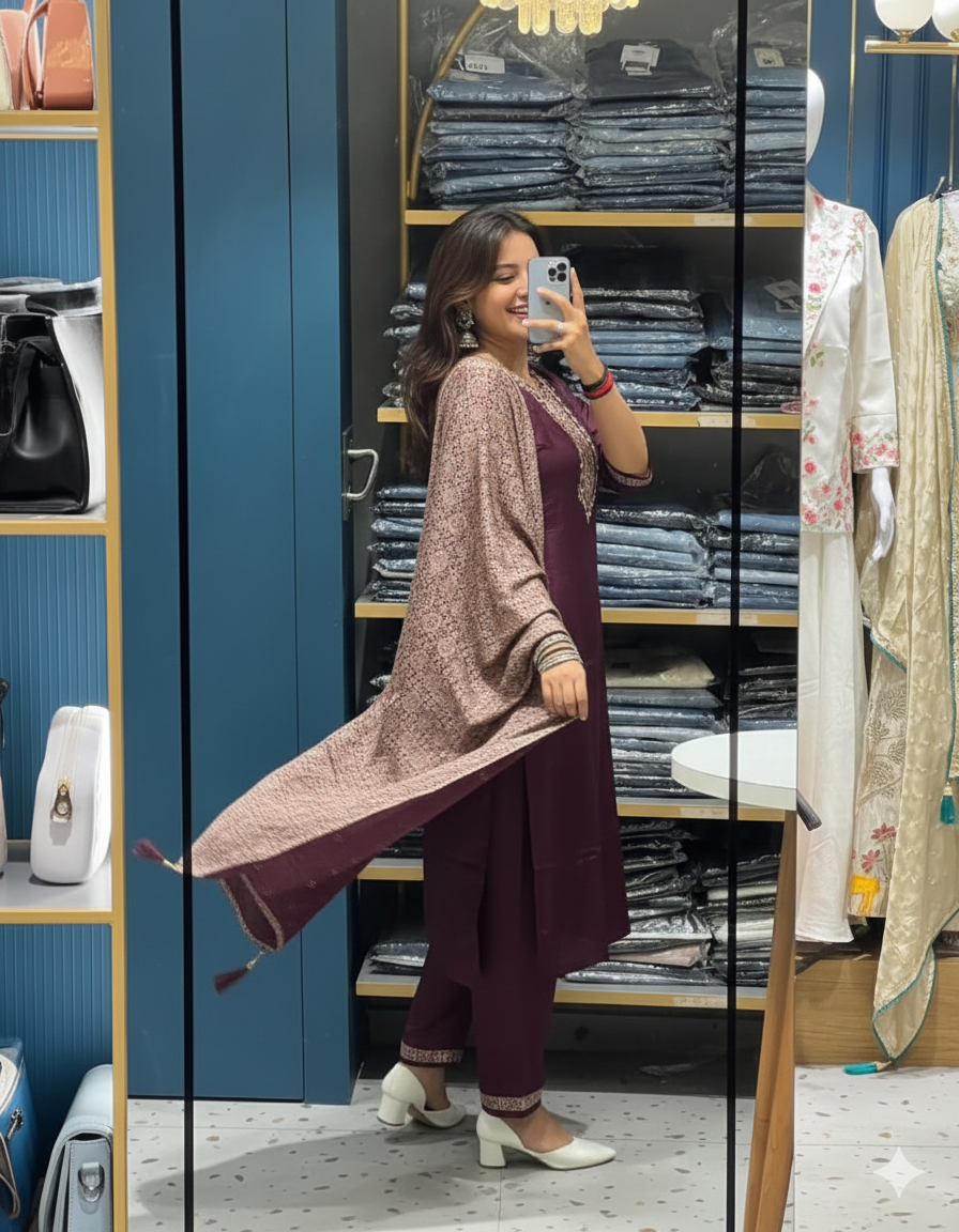 Elegant Wine Silk Kurta Set with Printed Dupatta – Festive & Ethnic Charm