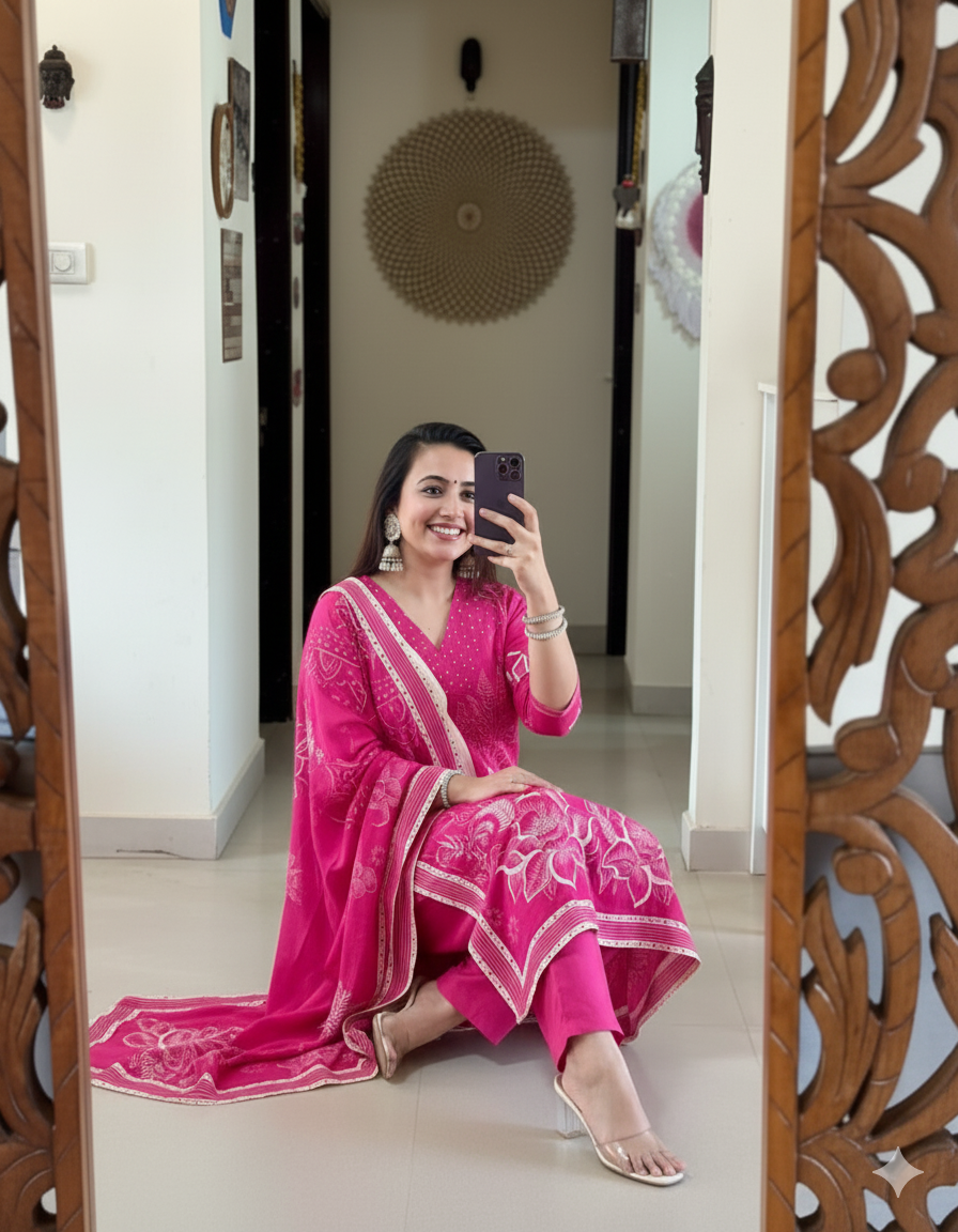 Fuchsia Pink Handblock Printed Cotton Suit Set