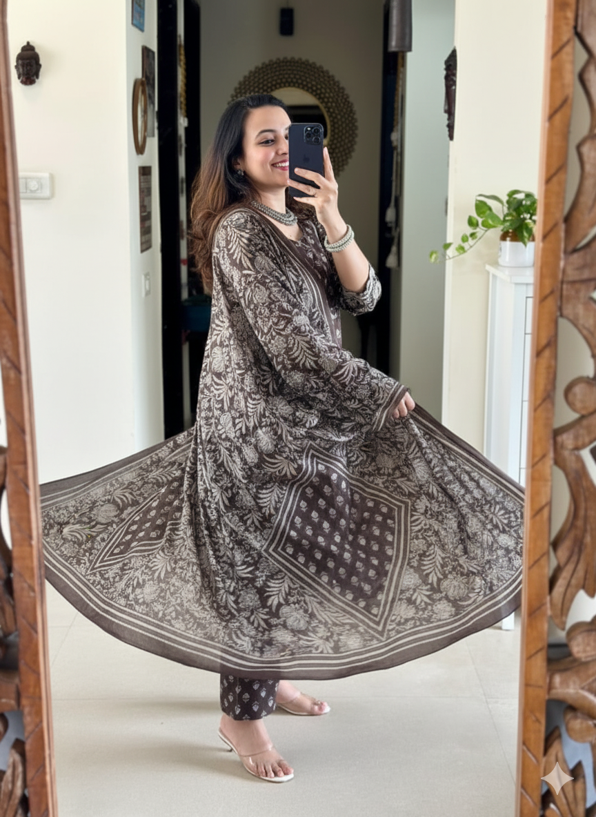 Elegant Coffee Brown Printed Cotton Suit Set with Dupatta