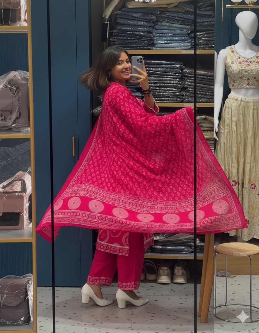 Women’s Elegant Bandhani Print Cotton Suit Set with Dupatta – Bright Pink