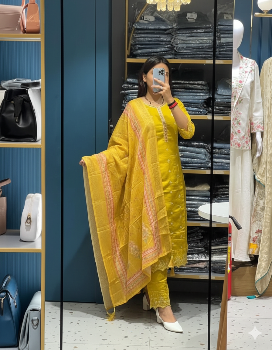 Women’s Mustard Yellow Embroidered Cotton Suit Set with Printed Dupatta – Festive Ethnic Elegance