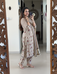 Ivory Beige Handblock Printed Cotton Suit Set with Coordinated Dupatta