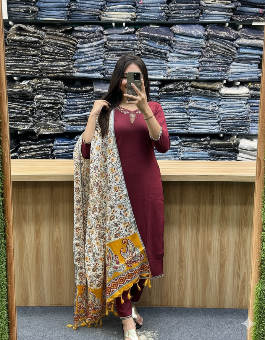 Women’s Maroon Cotton Embroidered Kurta Set with Printed Dupatta – Elegant Ethnic Ensemble