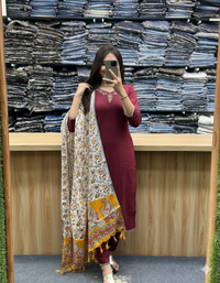 Women’s Maroon Cotton Embroidered Kurta Set with Printed Dupatta – Elegant Ethnic Ensemble