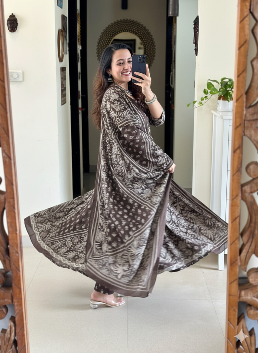 Elegant Coffee Brown Printed Cotton Suit Set with Dupatta