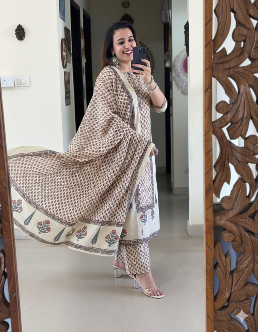 Ivory Beige Handblock Printed Cotton Suit Set with Coordinated Dupatta