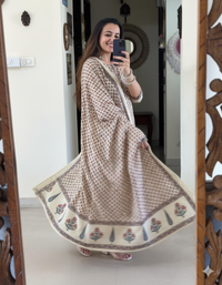Ivory Beige Handblock Printed Cotton Suit Set with Coordinated Dupatta