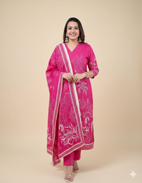 Fuchsia Pink Handblock Printed Cotton Suit Set