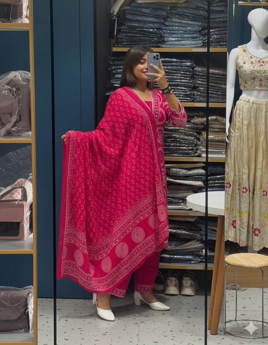 Women’s Elegant Bandhani Print Cotton Suit Set with Dupatta – Bright Pink