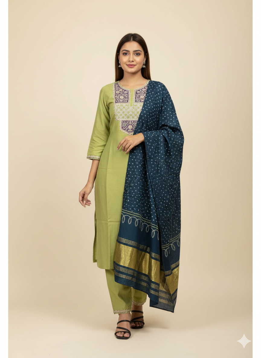 Lime Green Embroidered Cotton Suit with Blue Banarasi Dupatta