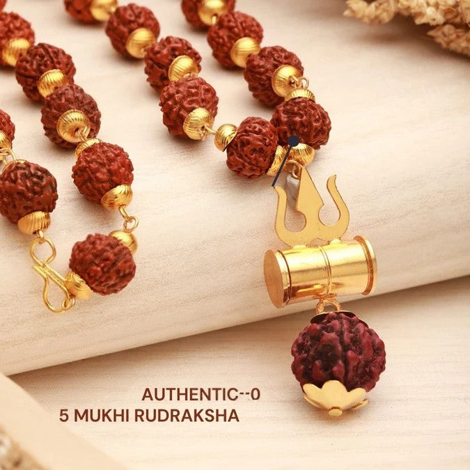 5 Mukhi Rudraksha Mala with Trishul Damru Pendant – Divine & Authentic