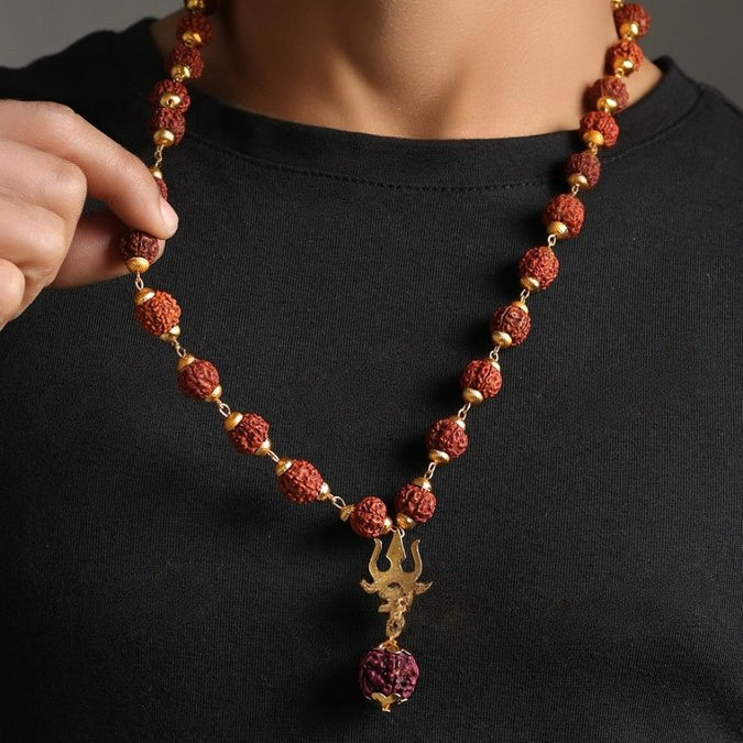 5 Mukhi Rudraksha Mala with Trishul Damru Pendant – Divine & Authentic