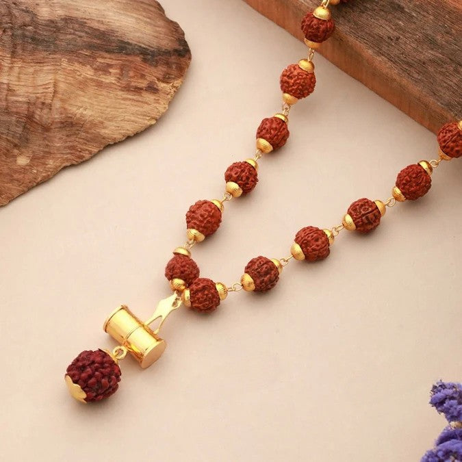 5 Mukhi Rudraksha Mala with Trishul Damru Pendant – Divine & Authentic