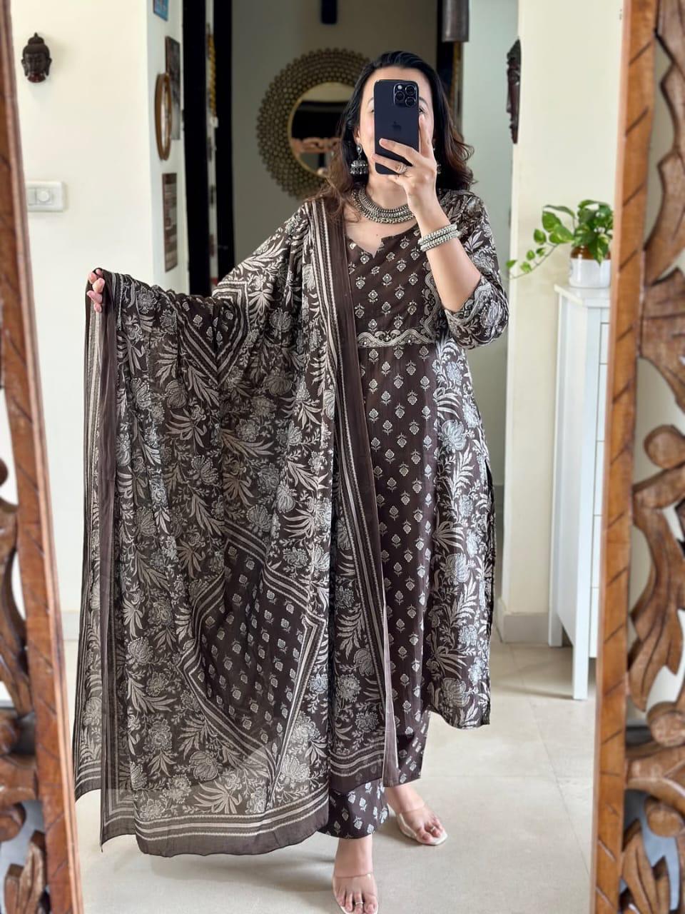Elegant Coffee Brown Printed Cotton Suit Set with Dupatta