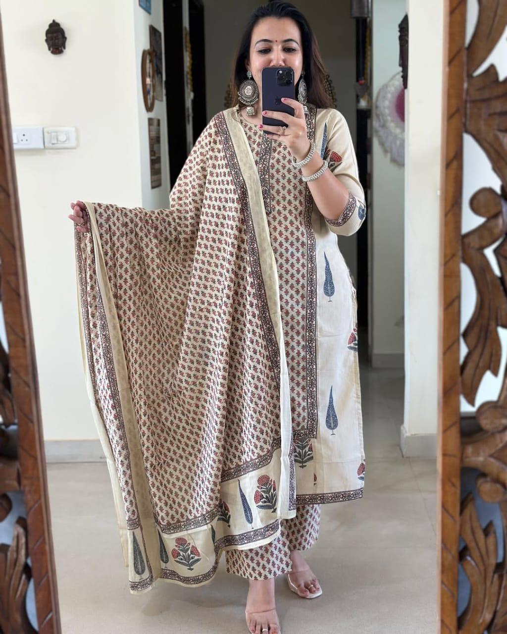 Ivory Beige Handblock Printed Cotton Suit Set with Coordinated Dupatta