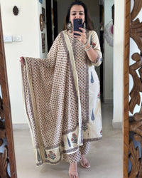 Ivory Beige Handblock Printed Cotton Suit Set with Coordinated Dupatta