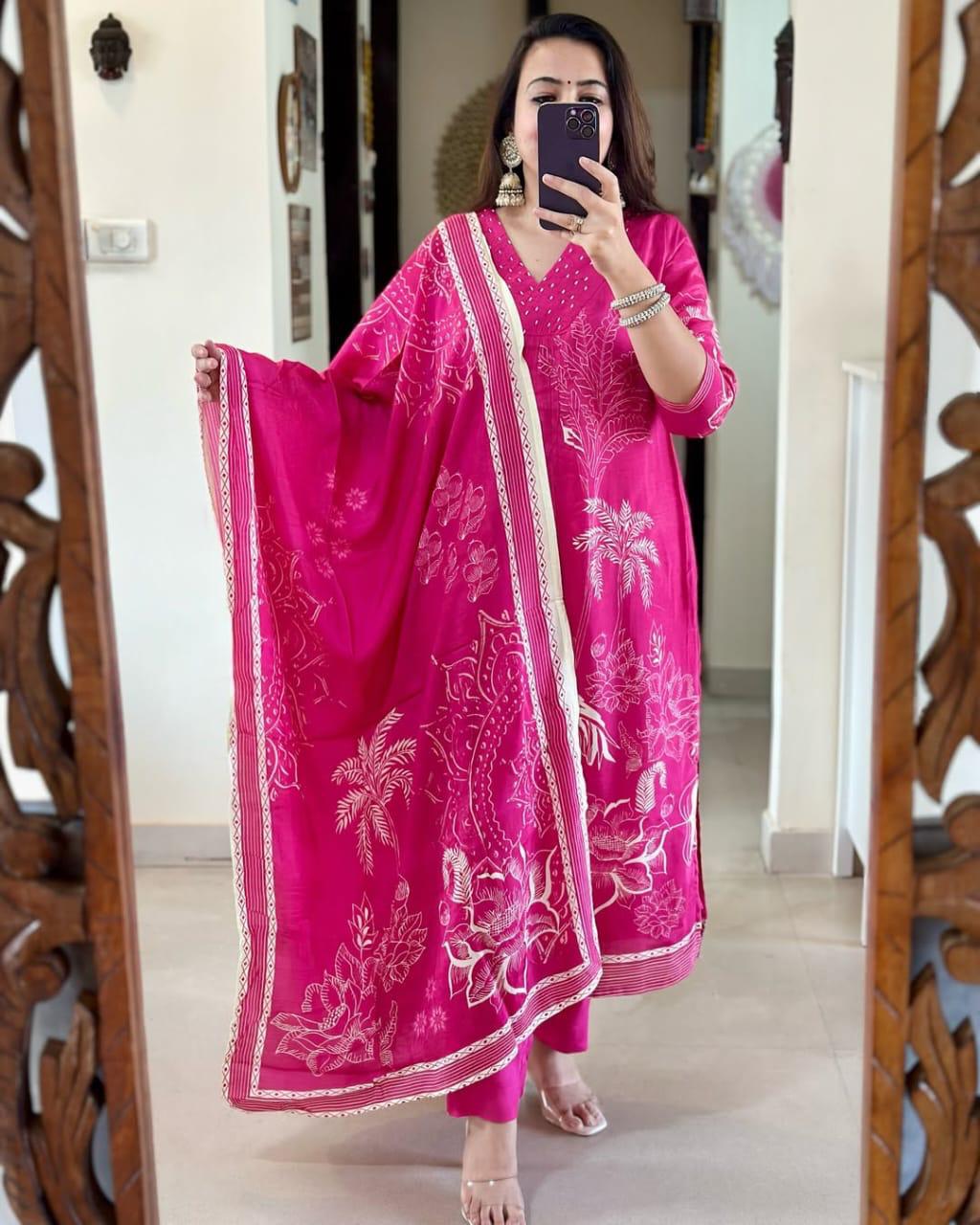 Fuchsia Pink Handblock Printed Cotton Suit Set