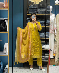 Women’s Mustard Yellow Embroidered Cotton Suit Set with Printed Dupatta – Festive Ethnic Elegance