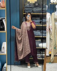 Elegant Wine Silk Kurta Set with Printed Dupatta – Festive & Ethnic Charm
